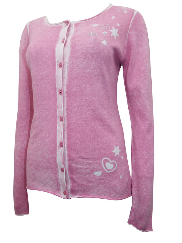 Pink cotton feminine Cardigan, Boho Hippy soft warm hearts & diamonte UK 10 12