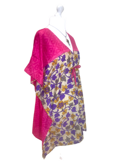 Tunic dress Kaftan Top Cover up Boho hippy festival Vintage Sari Silk Retro 8-18