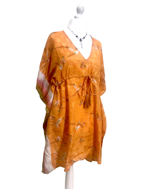 SHORT DRESS Boho hippy VINTAGE Sari Silk Beach Tunic Kaftan Top Cover Up UK 8-18