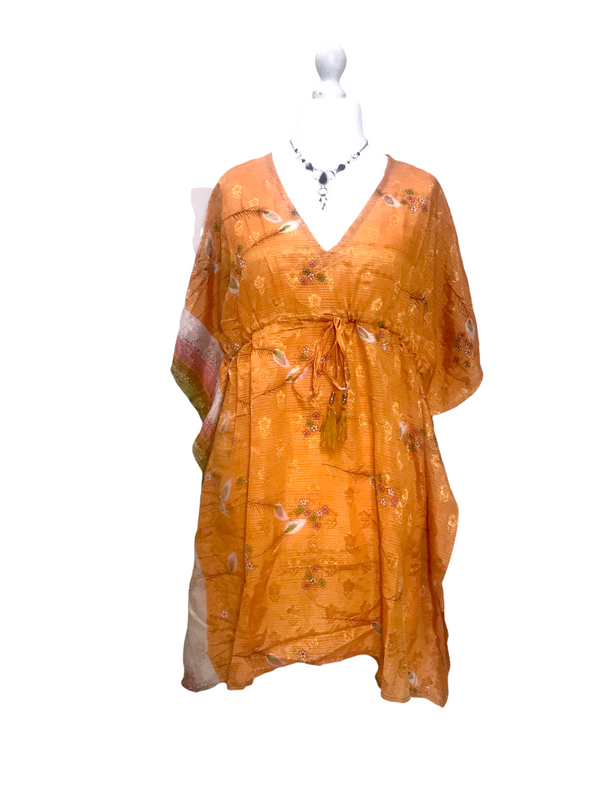 SHORT DRESS Boho hippy VINTAGE Sari Silk Beach Tunic Kaftan Top Cover Up UK 8-18