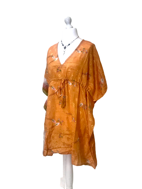 SHORT DRESS Boho hippy VINTAGE Sari Silk Beach Tunic Kaftan Top Cover Up UK 8-18