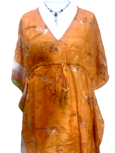 SHORT DRESS Boho hippy VINTAGE Sari Silk Beach Tunic Kaftan Top Cover Up UK 8-18