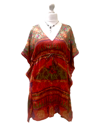 Long Tunic Kaftan Top Cover up dress Boho Hippy vintage Sari Silk ONE SIZE 8- 18