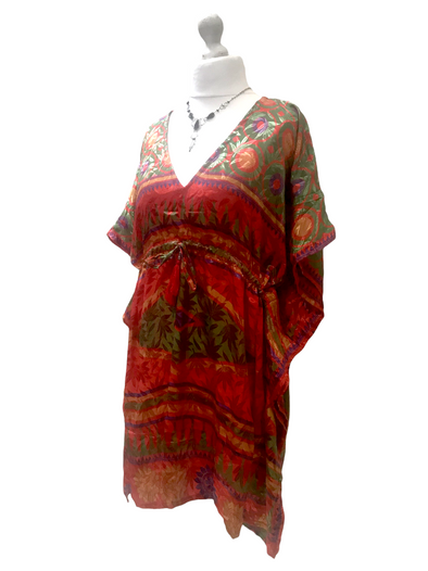 Long Tunic Kaftan Top Cover up dress Boho Hippy vintage Sari Silk ONE SIZE 8- 18