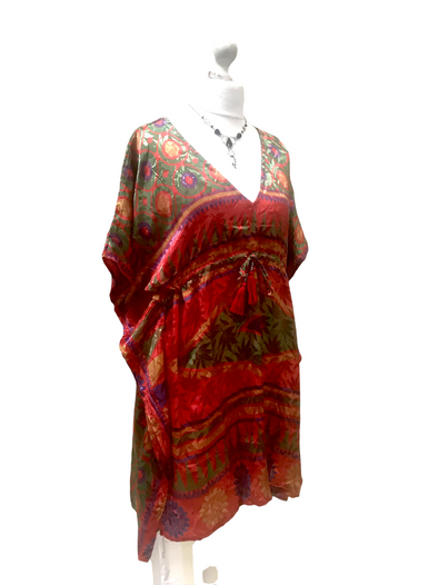 Long Tunic Kaftan Top Cover up dress Boho Hippy vintage Sari Silk ONE SIZE 8- 18