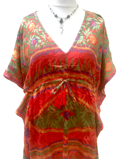 Long Tunic Kaftan Top Cover up dress Boho Hippy vintage Sari Silk ONE SIZE 8- 18