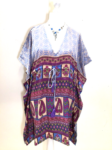 Tunic, Kaftan Top Cover up dress Boho Hippy, festival long Sari Silk UK 8 - 18