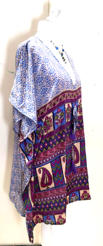 Tunic, Kaftan Top Cover up dress Boho Hippy, festival long Sari Silk UK 8 - 18