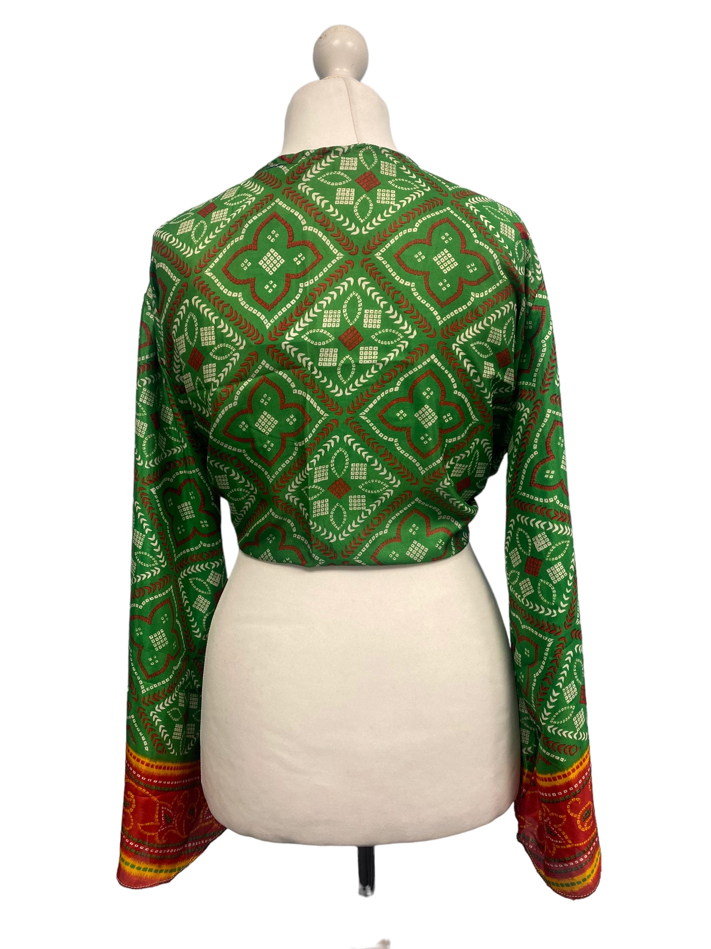 GREEN blouse Shrug crop top cover up Sari-Silk Boho Hippy Bell sleeve UK 16-20