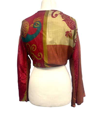 RED blouse Shrug crop top cover up Sari-Silk Boho Hippy Bell sleeve UK 16-20