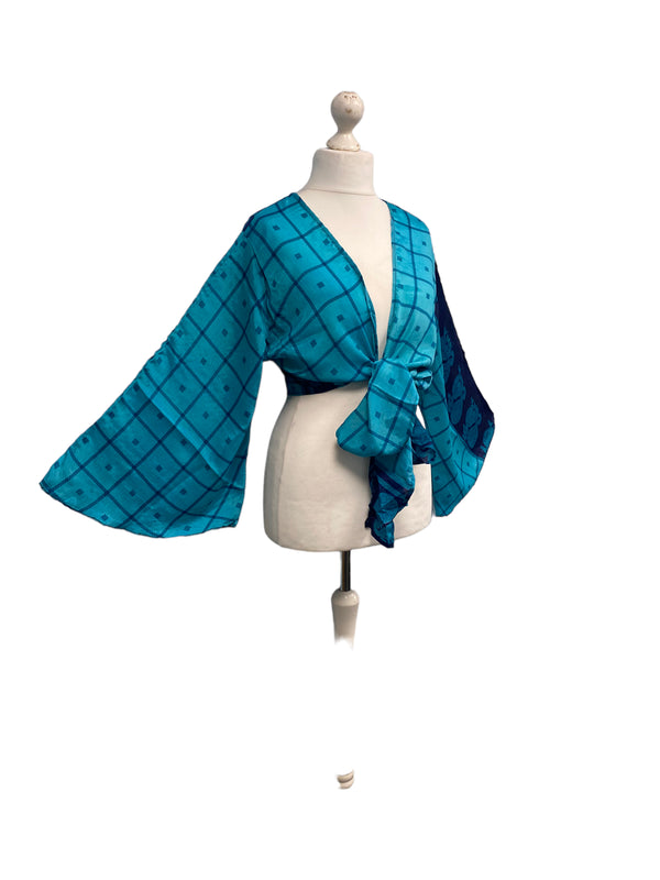 BLUE blouse Shrug crop top cover up Sari-Silk Boho Hippy Bell sleeve UK 16-20