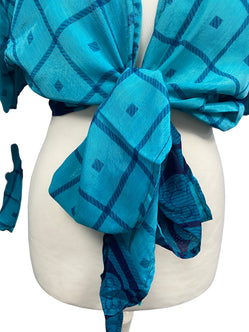 BLUE blouse Shrug crop top cover up Sari-Silk Boho Hippy Bell sleeve UK 16-20