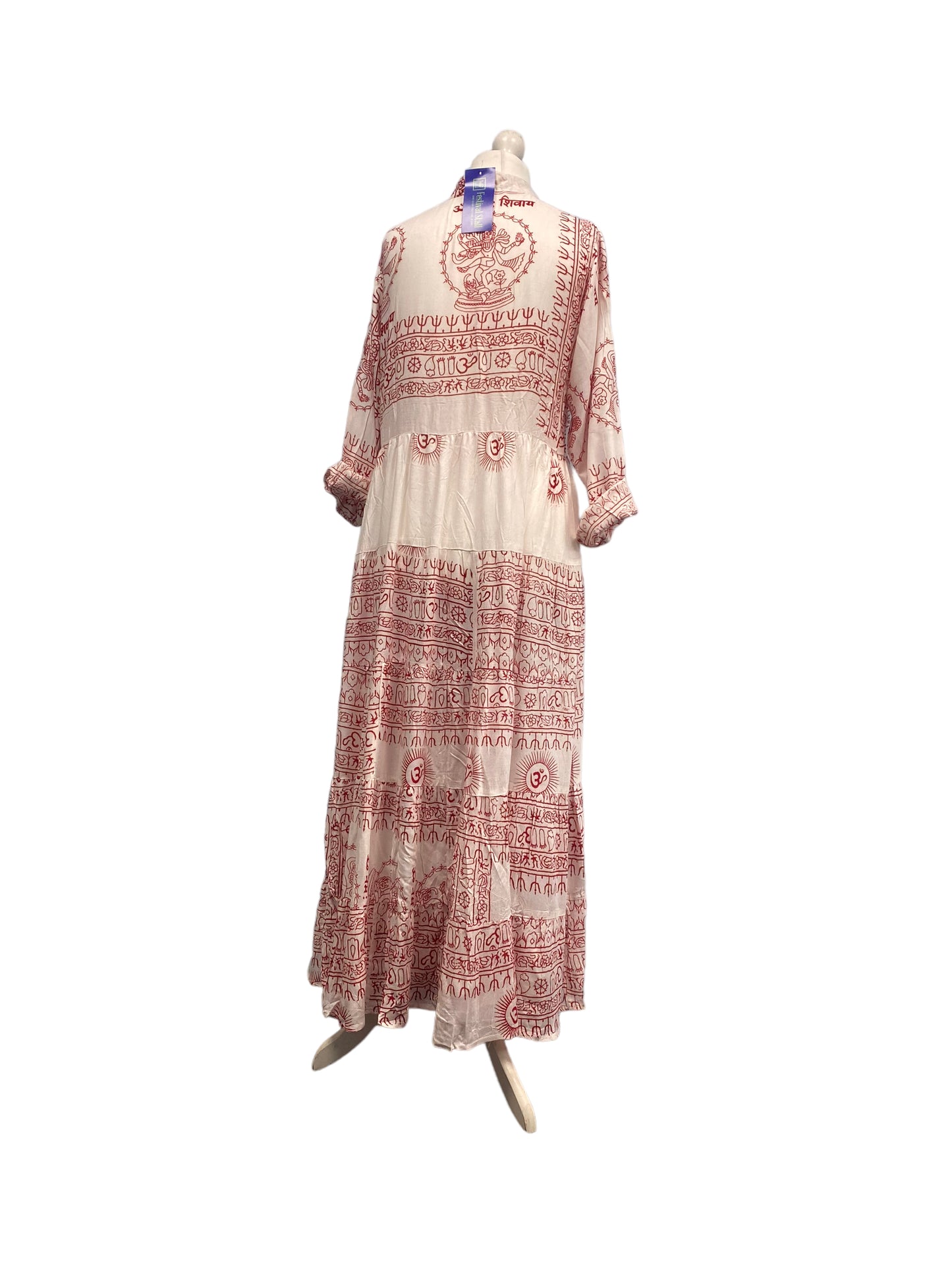 Long Dress Boho hippy festival Om print Yoga Red & White maxi UK 8 10 12 14