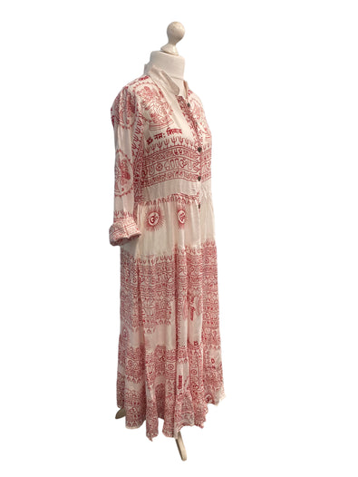 Long Dress Boho hippy festival Om print Yoga Red & White maxi UK 8 10 12 14