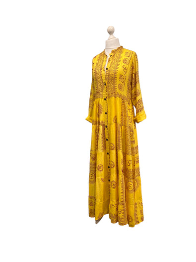 Yellow Maxi Dress Boho hippy festival style, Om print, Yoga Floaty LONG UK 8-14