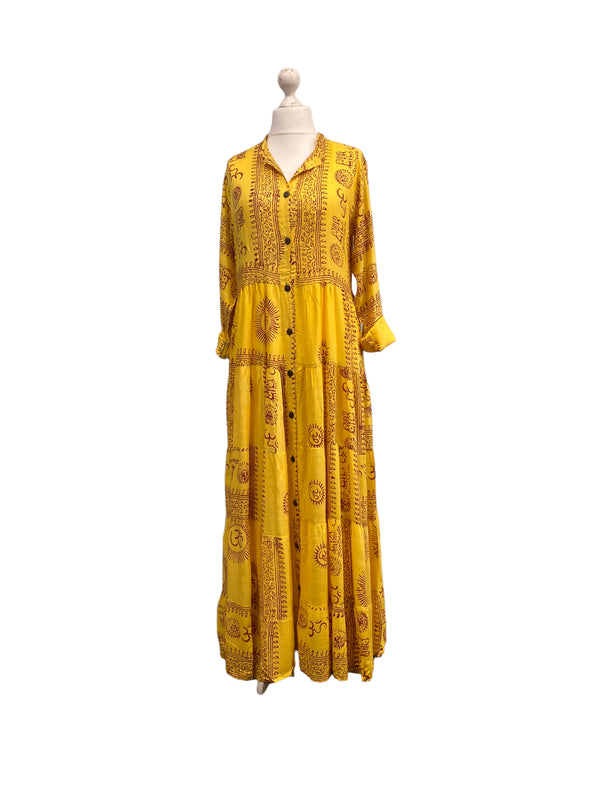 Yellow Maxi Dress Boho hippy festival style, Om print, Yoga Floaty LONG UK 8-14