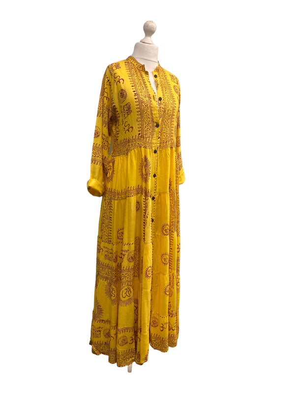 Yellow Maxi Dress Boho hippy festival style, Om print, Yoga Floaty LONG UK 8-14