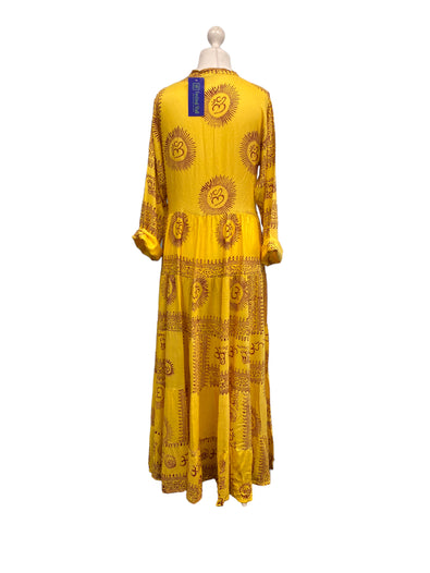 Yellow Maxi Dress Boho hippy festival style, Om print, Yoga Floaty LONG UK 8-14