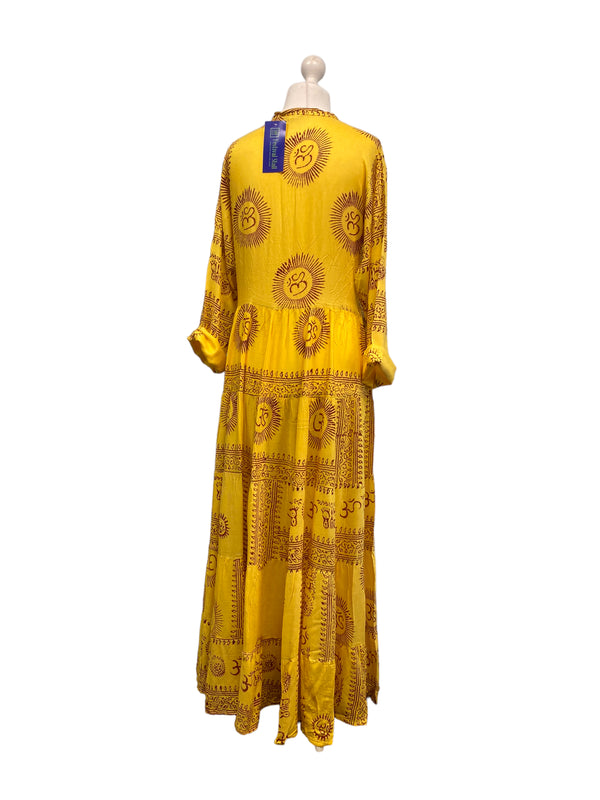 Yellow Maxi Dress Boho hippy festival style, Om print, Yoga Floaty LONG UK 8-14