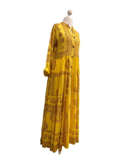 Yellow Maxi Dress Boho hippy festival style, Om print, Yoga Floaty LONG UK 8-14