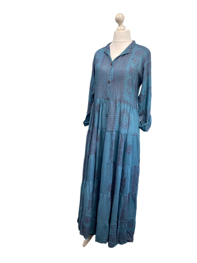 Slate Blue LONG Dress, Boho Hippy Festival style, print, Blue & red maxi UK 8-14 ONE SIZE