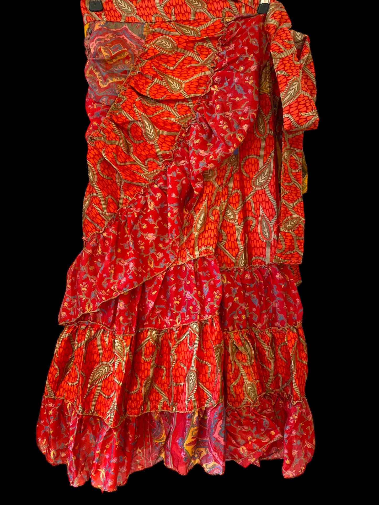 RED Wrap SKIRT Boho hippy Festival short frilled, sexy mini, Sari Silk UK 8 10 12