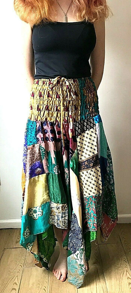 Patchwork Skirt Dress Festival Boho Hippie pixie gypsy long Stretch sun ONE SIZE