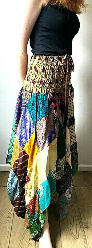 Patchwork Skirt Dress Festival Boho Hippie pixie gypsy long Stretch sun ONE SIZE