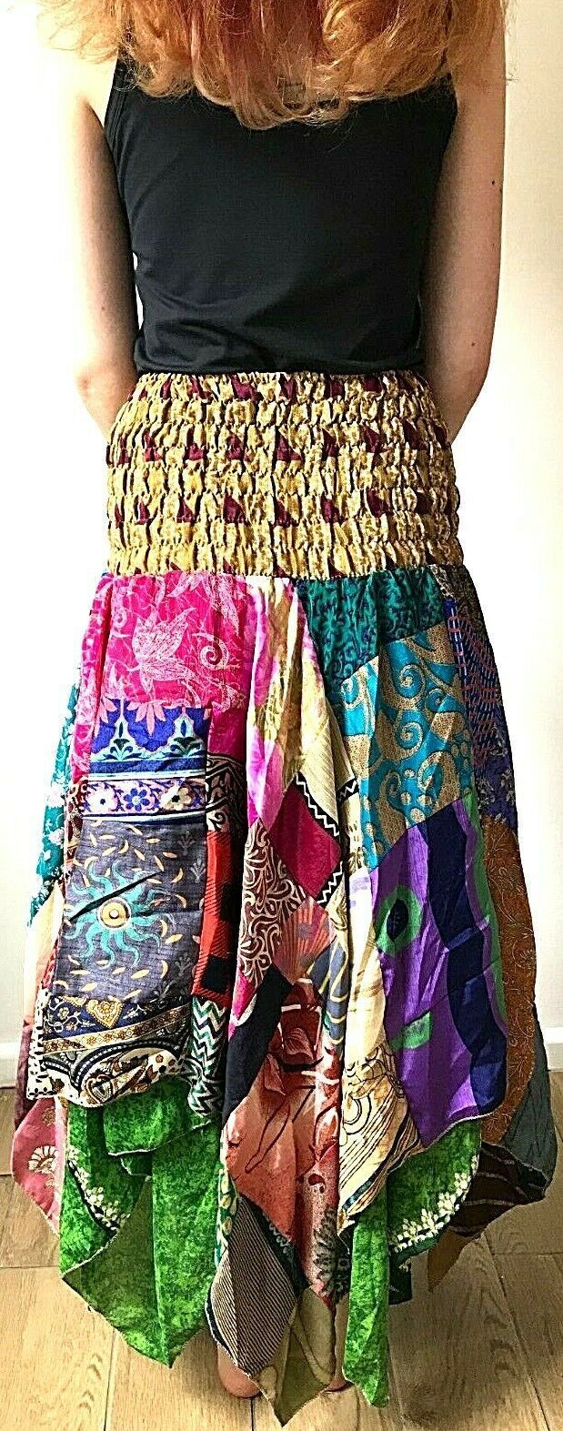 Patchwork Skirt Dress Festival Boho Hippie pixie gypsy long Stretch sun ONE SIZE