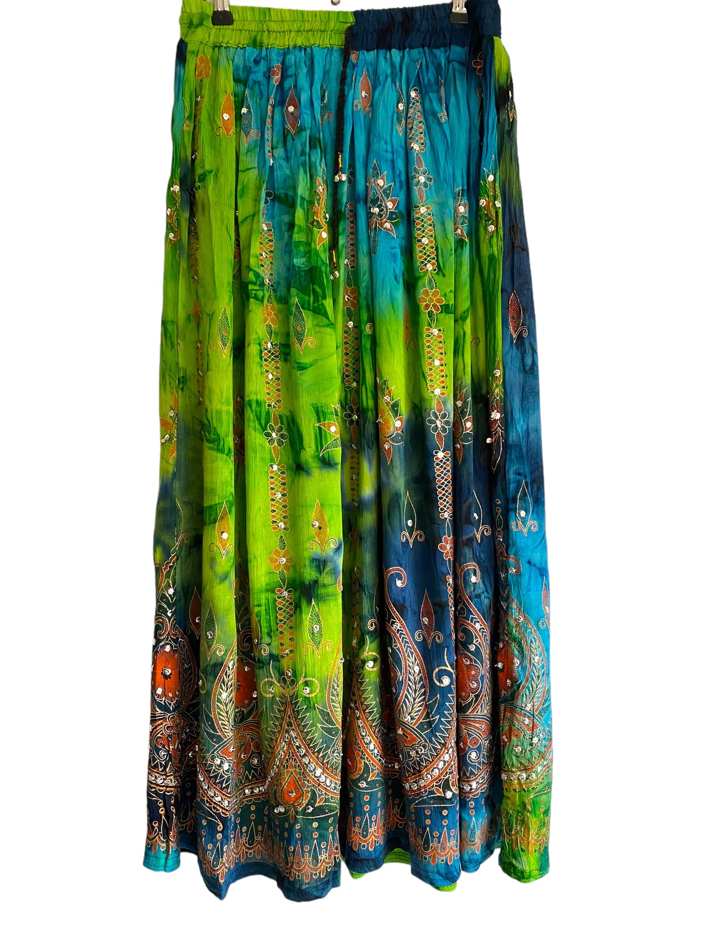 Stargazer Long Skirt, Green & Tuquoise Blue, Tie Dye Sequined, Festival Boho Hippie Maxi style UK 8 10 12 14