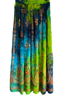 Stargazer Long Skirt, Green & Tuquoise Blue, Tie Dye Sequined, Festival Boho Hippie Maxi style UK 8 10 12 14