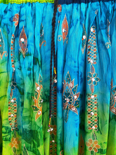 Stargazer Long Skirt, Green & Tuquoise Blue, Tie Dye Sequined, Festival Boho Hippie Maxi style UK 8 10 12 14