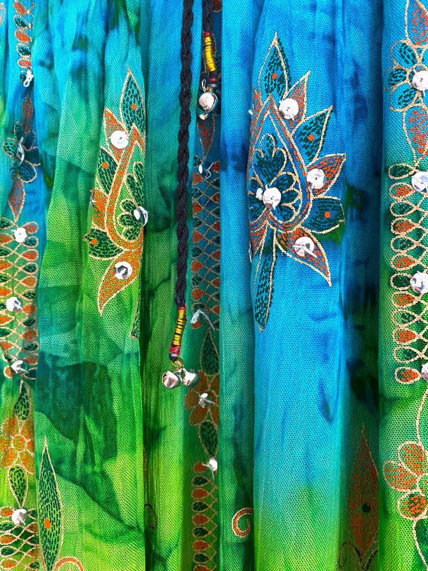 Stargazer Long Skirt, Green & Tuquoise Blue, Tie Dye Sequined, Festival Boho Hippie Maxi style UK 8 10 12 14