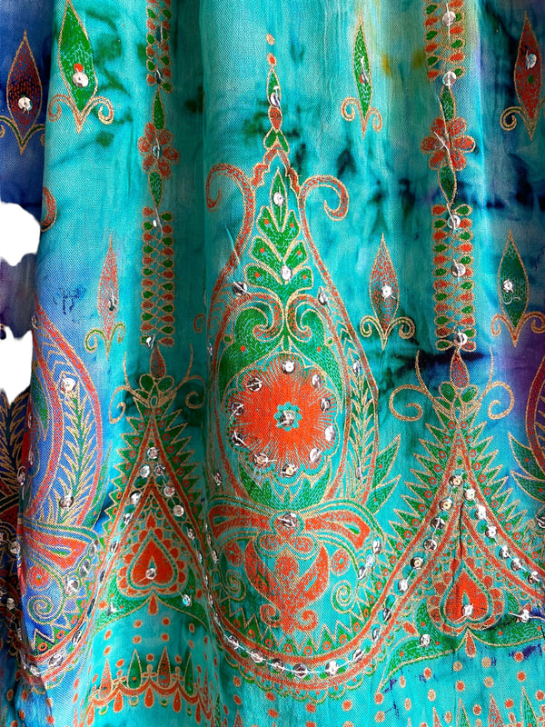 Stargazer Long Skirt, Purple & Spearmint Green, Tie Dye Sequined, Festival Boho Hippie Maxi style UK 8 10 12 14