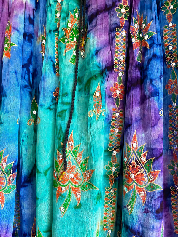 Stargazer Long Skirt, Purple & Spearmint Green, Tie Dye Sequined, Festival Boho Hippie Maxi style UK 8 10 12 14