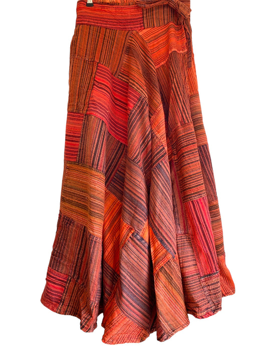 Long Patchwork Wrap Skirt, Boho Hippy Festival RED 100% cotton summer Maxi length UK 8-16