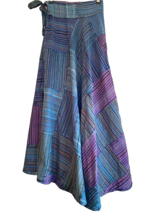 Purple & Blue Long Patchwork Wrap Skirt, Boho Hippy Festival 100% Cotton summer Maxi length UK 8-16