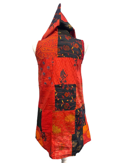 Short RED pixie tunic dress, Festival Boho Hippie, Patchwork Cotton hooded hoodie mini  UK 8 10 12 14