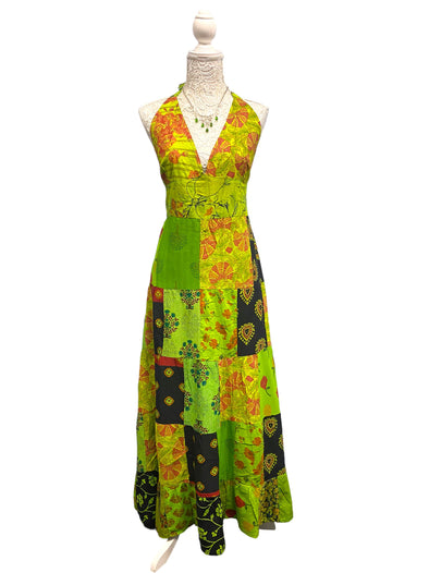 Boho hippy, pixie fairy style,  hanky hem, festival outfit, green patchwork long maxi dress one size uk 10 12 14 16 18