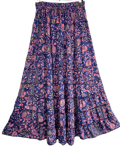 Pretty Long Silk SKIRT, Boho Hippy gypsy Festival style, Pink & Purple floral print maxi length UK 8-18