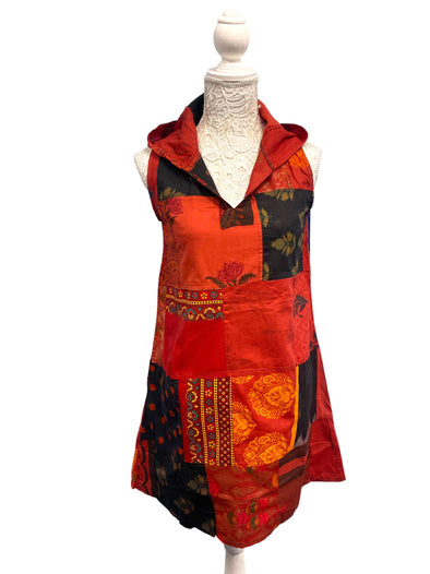 Short RED pixie tunic dress, Festival Boho Hippie, Patchwork Cotton hooded hoodie mini  UK 8 10 12 14