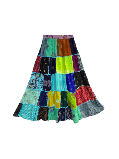 Blue Patchwork skirt, Boho hippie festival style, Vintage retro maxi long, One size UK 8-14