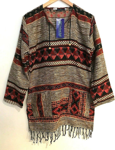 Festival Stall LTD Boho festival Clothing Boho hippie brown winter warm woven tassel long sleeve blouse top tunic 12 14