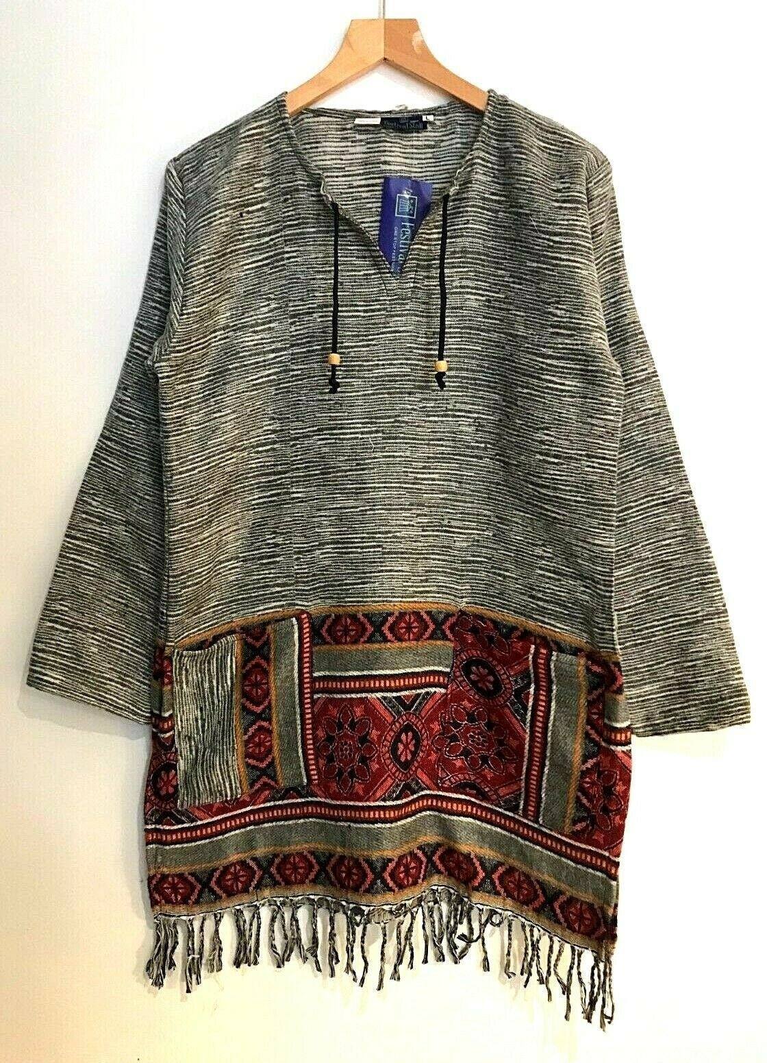 Festival Stall LTD Boho festival Clothing Boho hippie festival grey stripe warm tassel long sleeve blouse top tunic 12 14