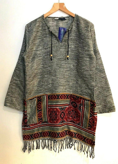 Festival Stall LTD Boho festival Clothing Boho hippie festival grey stripe warm tassel long sleeve blouse top tunic 12 14