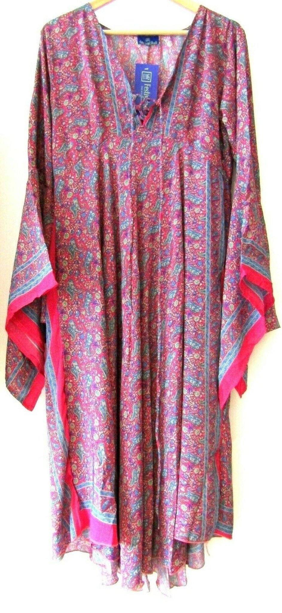 Festival Stall LTD Boho festival Clothing Boho hippie festival, retro, pretty pink, 100% silk, kaftan tunic, midi, v-neck, summer, casual, party dress, uk 10 12 14 16 us 12 14 16 18