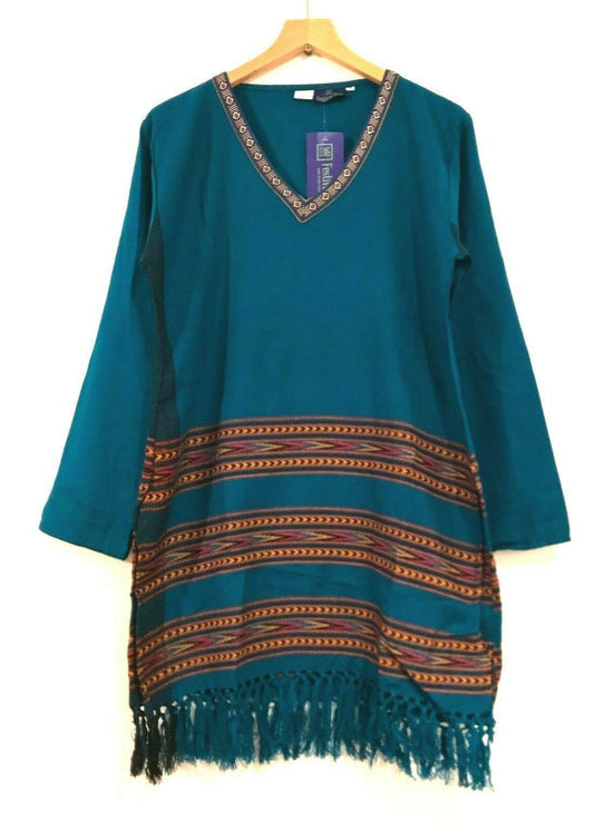 Festival Stall LTD Boho festival Clothing Boho Hippie Festival Winter Warm tassel long sleeve TEAL BLUE long Tunic S M L