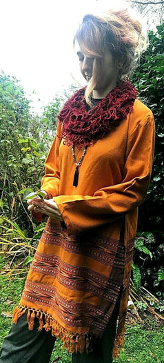 Festival Stall LTD Boho festival Clothing Boho Hippie Festival Winter Warm tassel YELLOW MUSTARD top long Tunic blouse M L