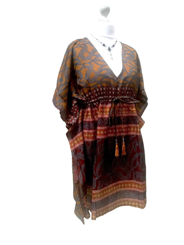 Festival Stall LTD Boho festival Clothing Boho hippy, festival, BROWN ORANGE Sari Silk, Long Tunic, Kaftan Top, Cover up, dress, one size