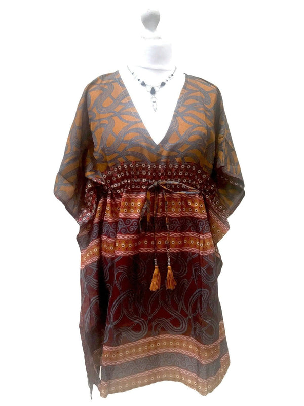 Festival Stall LTD Boho festival Clothing Boho hippy, festival, BROWN ORANGE Sari Silk, Long Tunic, Kaftan Top, Cover up, dress, one size